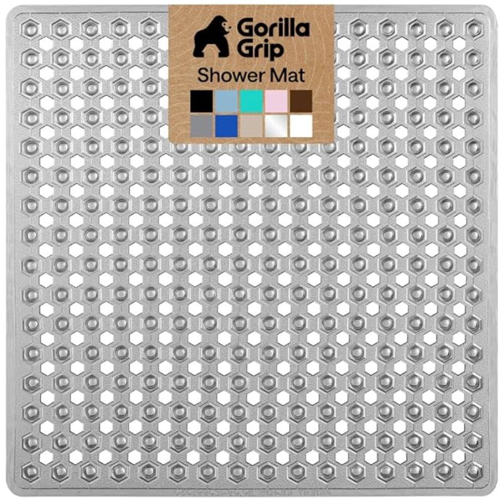 GORILLA GRIP Square Shower Stall Mat, Bathtub Floor Mats w/ Suction Cups- Gray